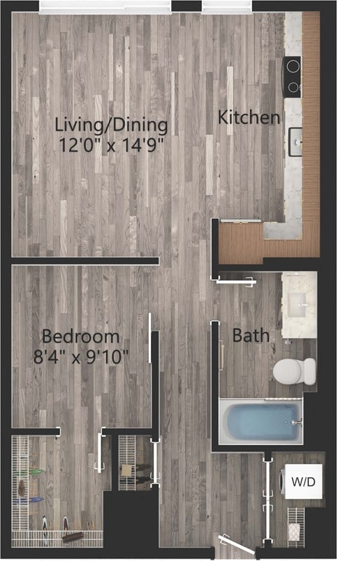 Floor plan for 1 bed, 1 bath, 673 sqft